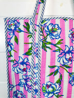 Quilted Cotton Reversible Large Tote Bag - Peony Pink Stripe