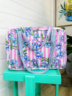 Quilted Weekender Duffle Overnight Bag - Peony Pink Stripe