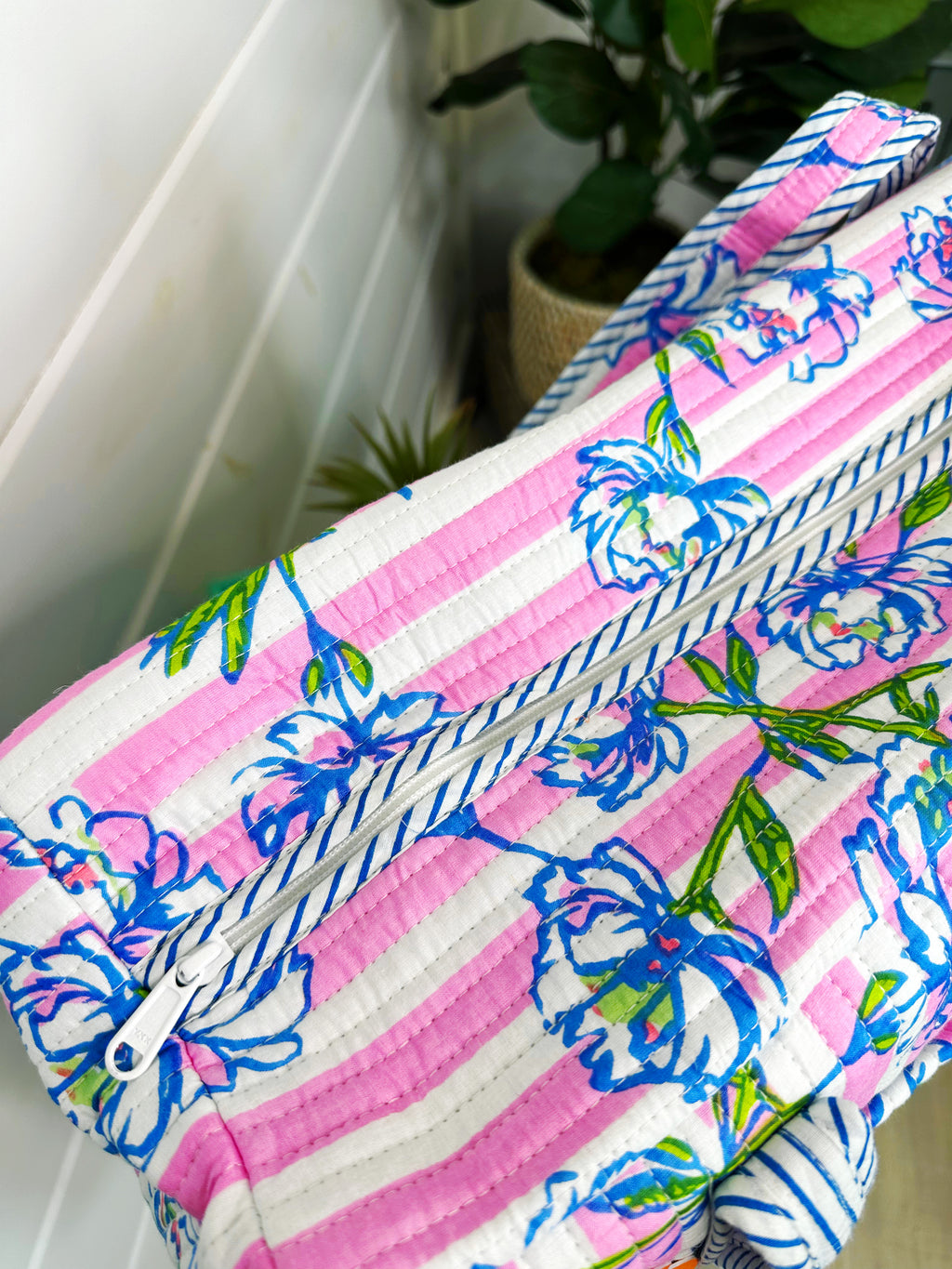 Quilted Weekender Duffle Overnight Bag - Peony Pink Stripe