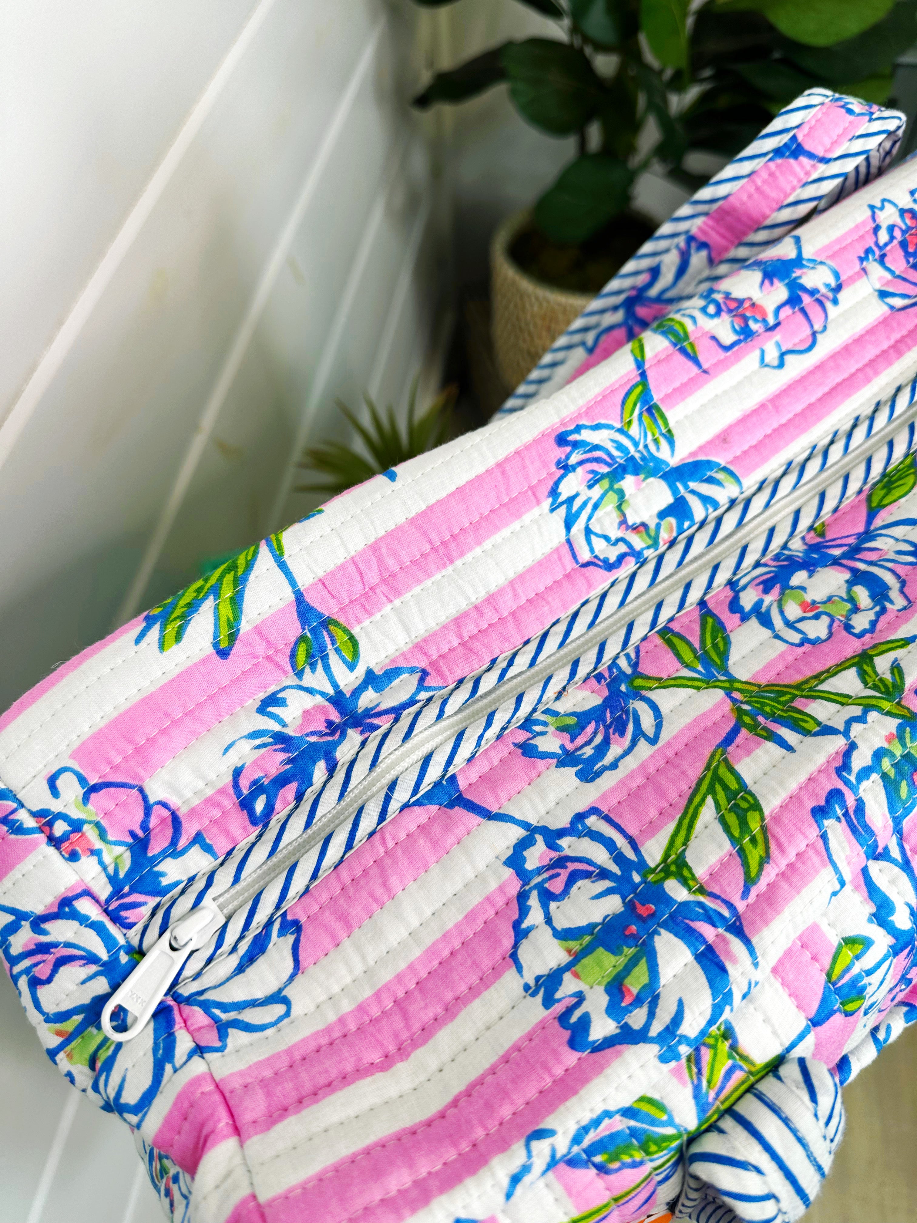 Quilted Weekender Duffle Overnight Bag - Peony Pink Stripe