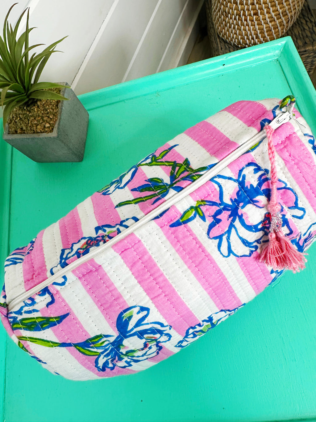 Quilted Makeup Cosmetics Toiletry Bag - Peony Pink Stripe