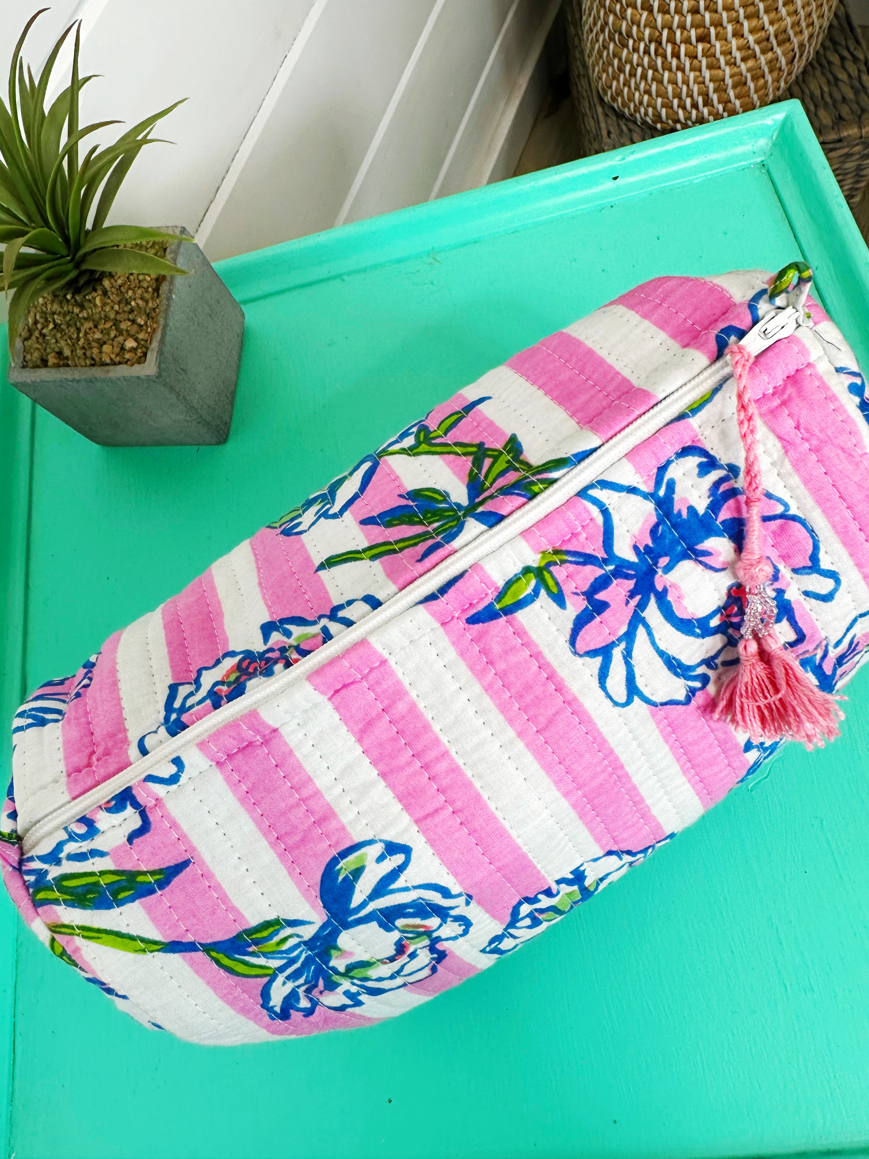 Quilted Makeup Cosmetics Toiletry Bag - Peony Pink Stripe