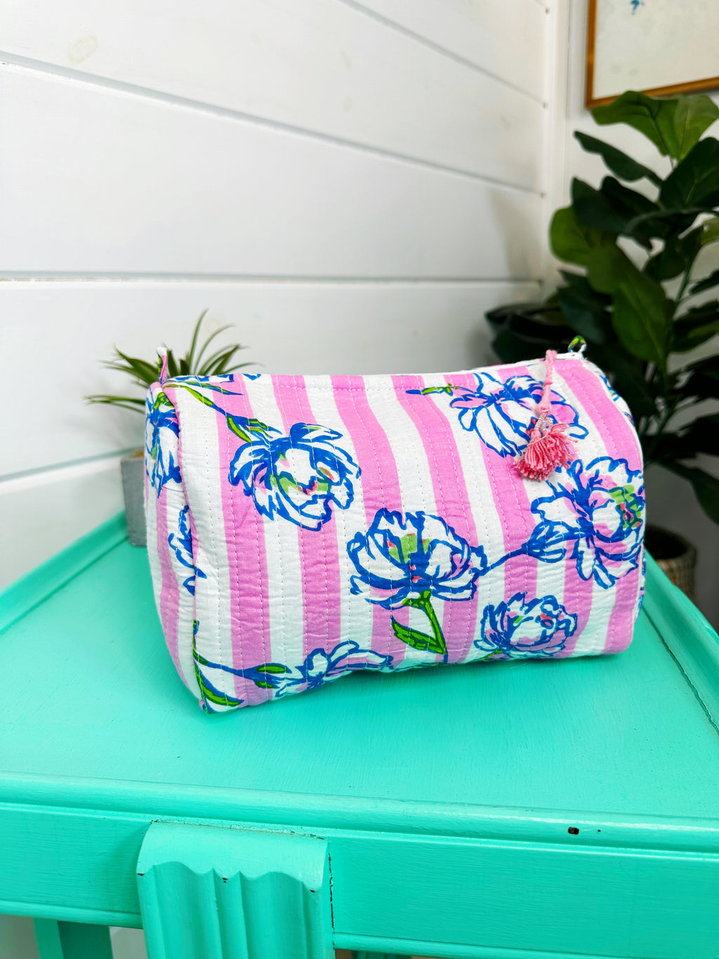 Quilted Makeup Cosmetics Toiletry Bag - Peony Pink Stripe