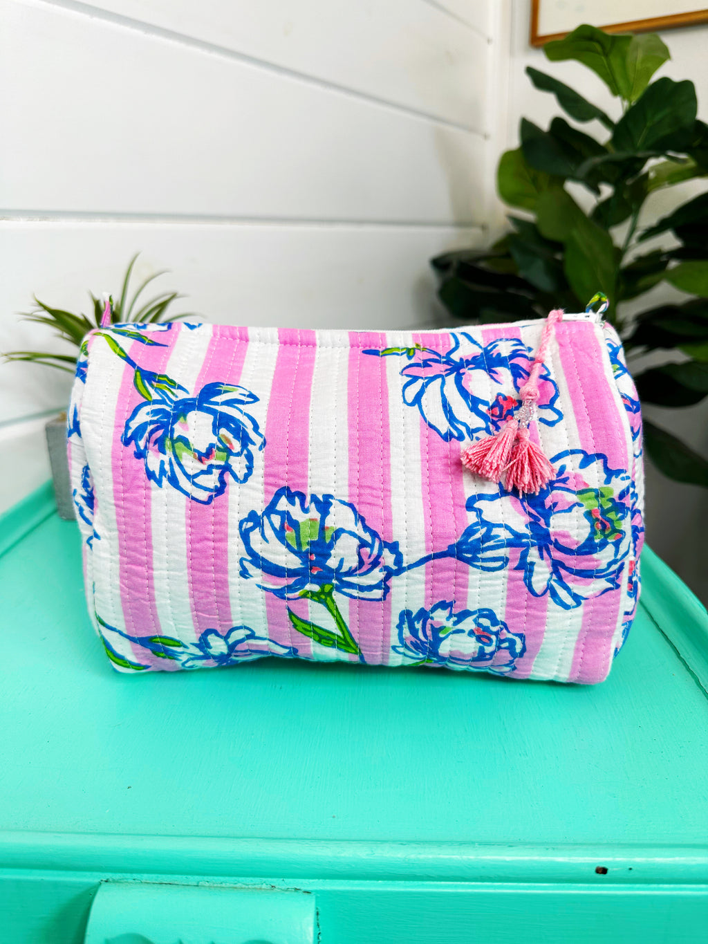Quilted Makeup Cosmetics Toiletry Bag - Peony Pink Stripe