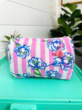 Peony Pink Stripe print quilted cosmetic bag, front view