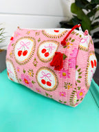 Quilted Makeup Cosmetics Toiletry Bag - Pink Cherry & Bows
