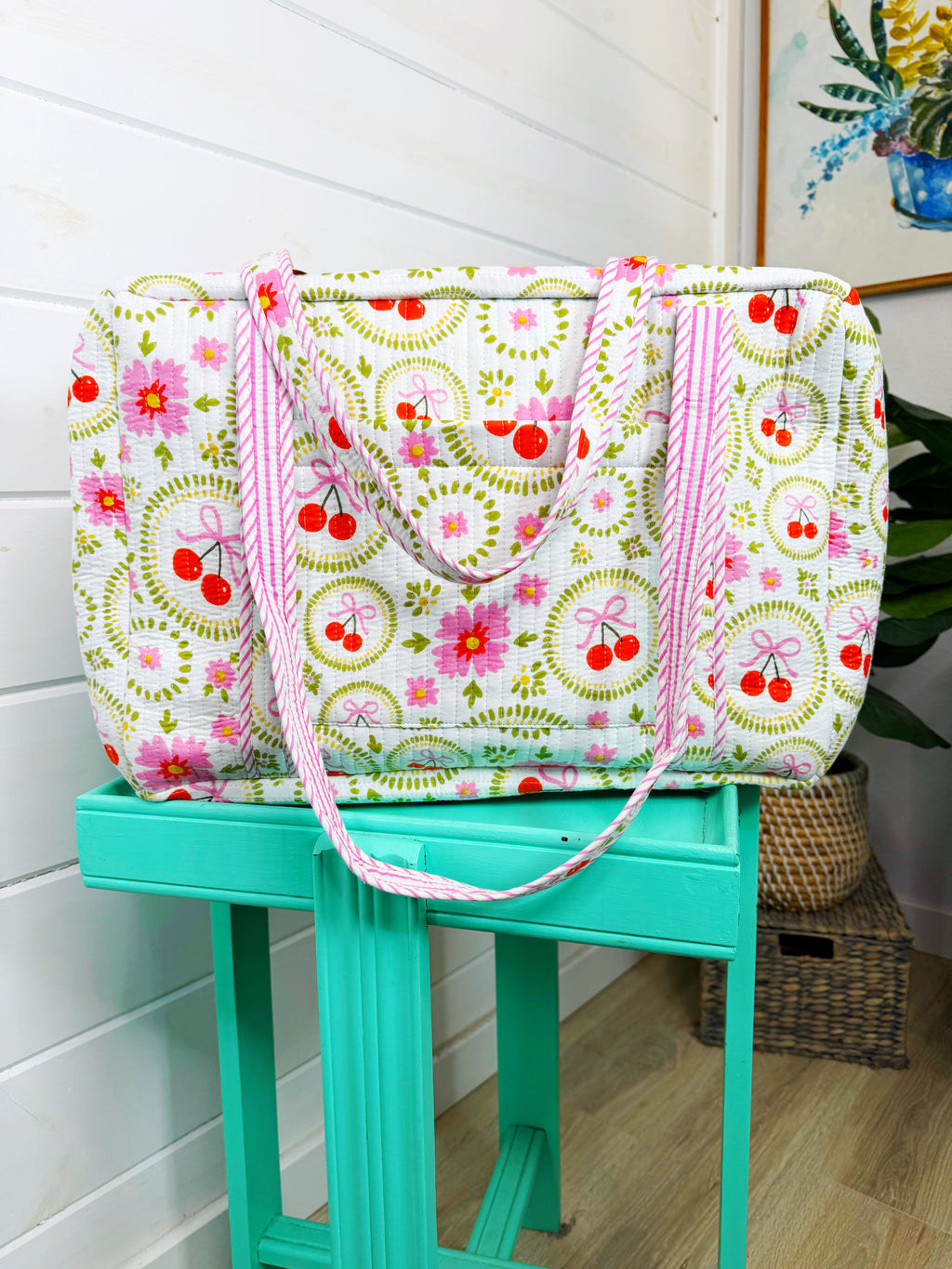 Quilted Weekender Duffle Overnight Bag - White Cherries & Bows