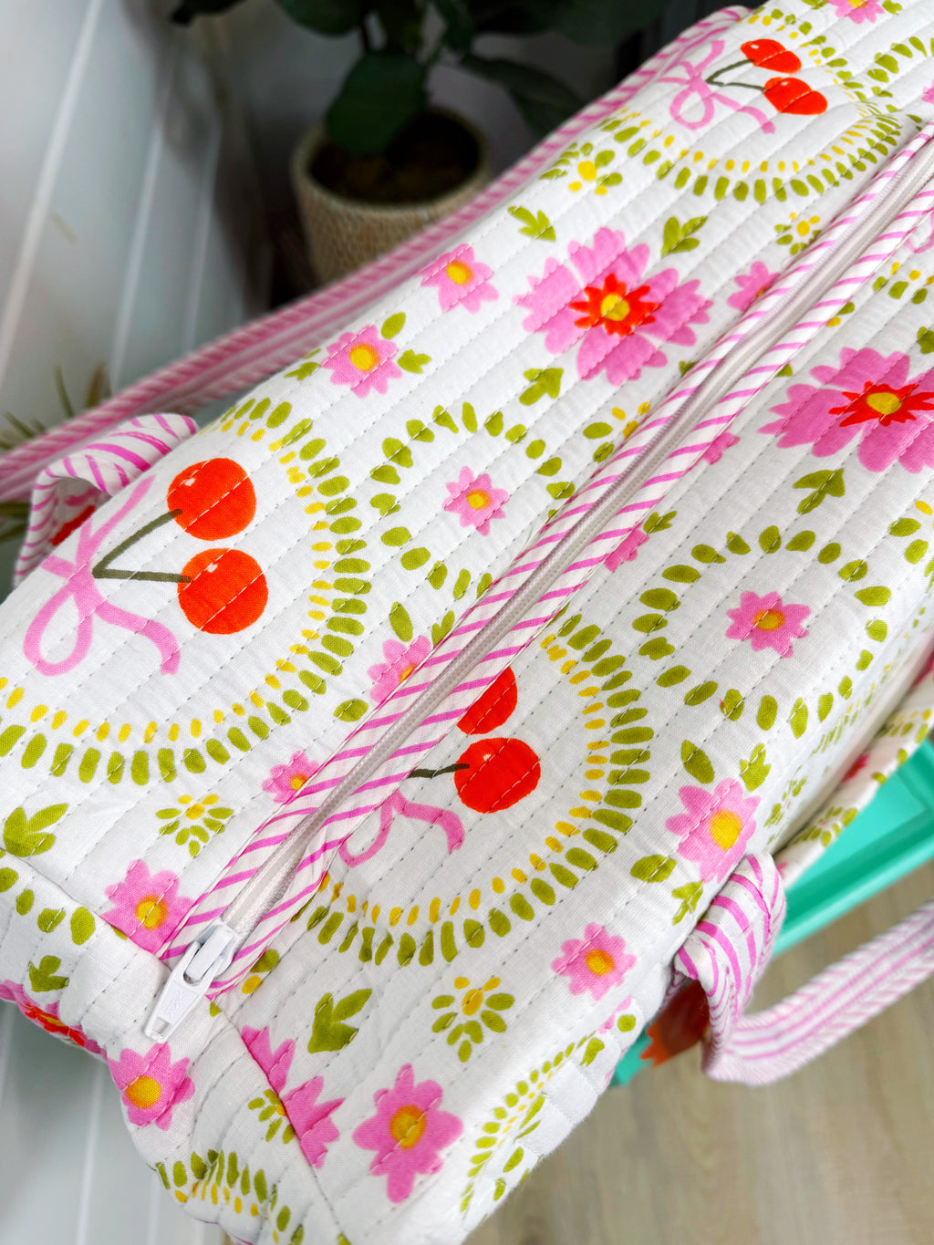 Quilted Weekender Duffle Overnight Bag - White Cherries & Bows