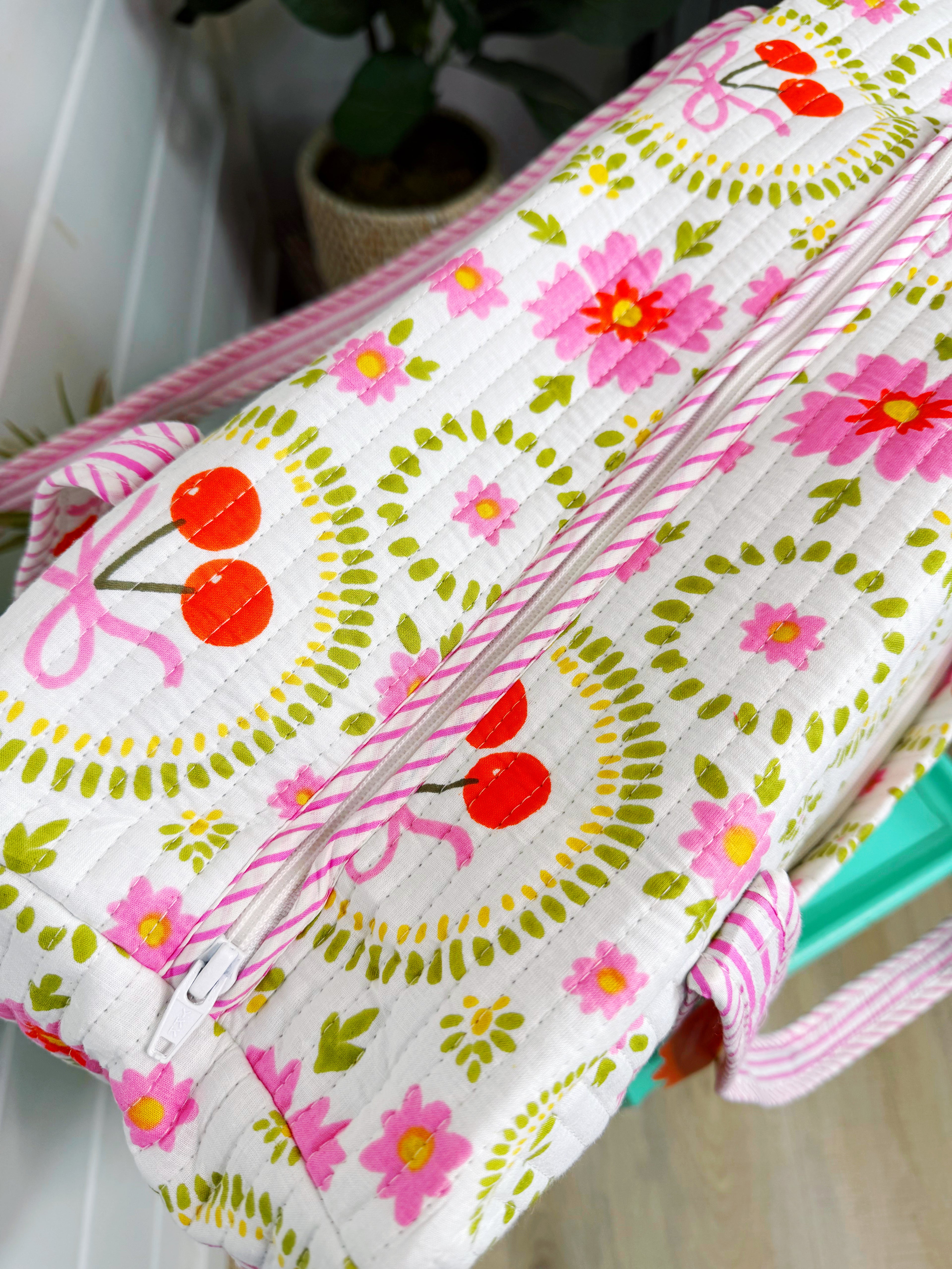 Quilted Weekender Duffle Overnight Bag - White Cherries & Bows