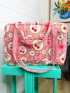 Quilted Weekender Duffle Overnight Bag - Pink Cherry & Bows