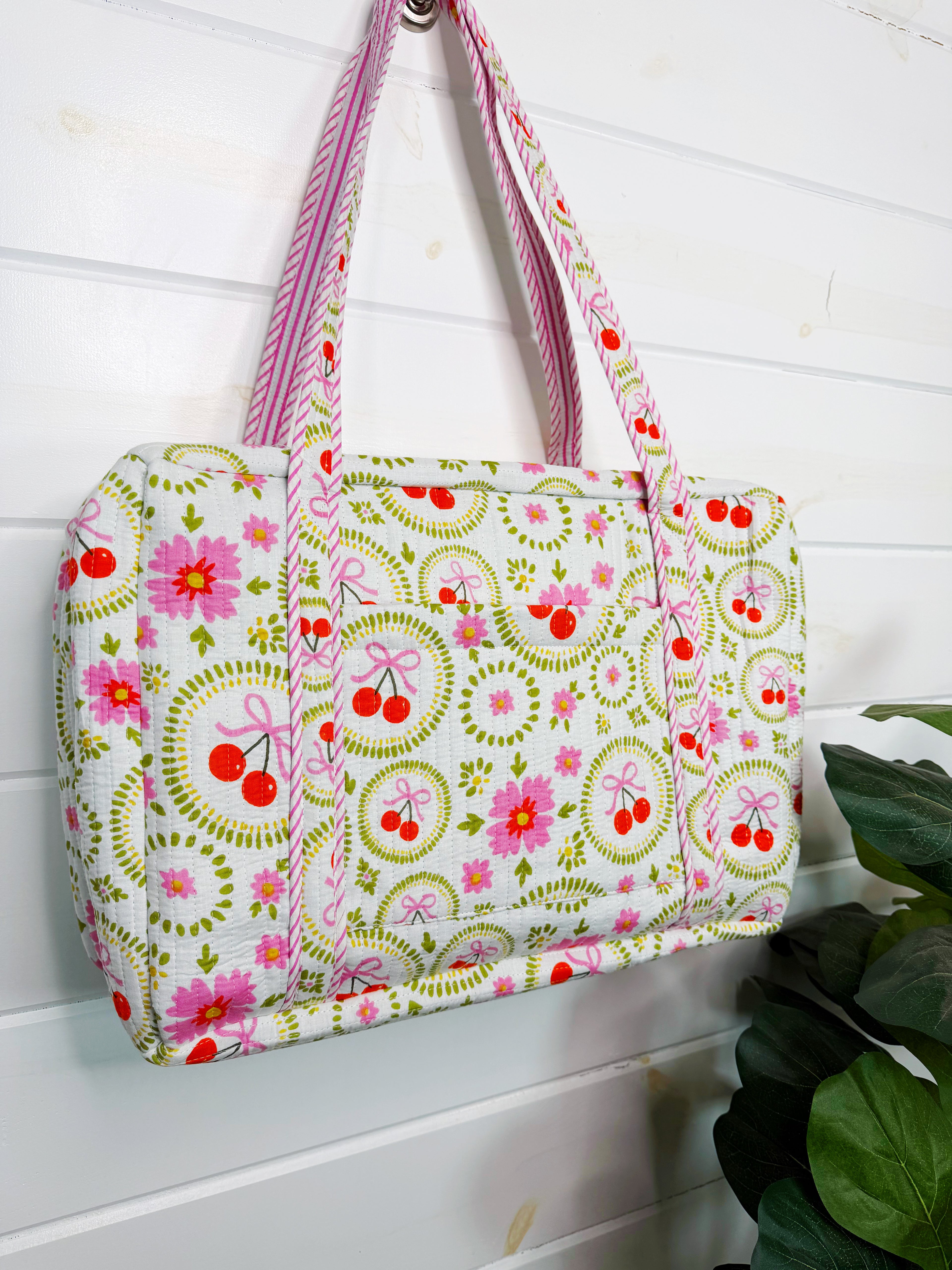 Quilted Weekender Duffle Overnight Bag - White Cherries & Bows