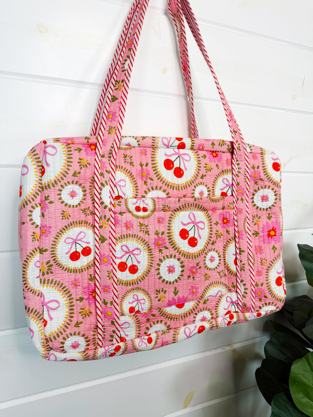 Quilted Weekender Duffle Overnight Bag - Pink Cherry & Bows