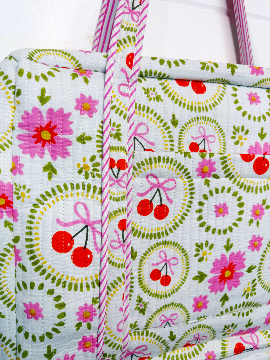 Quilted Weekender Duffle Overnight Bag - White Cherries & Bows