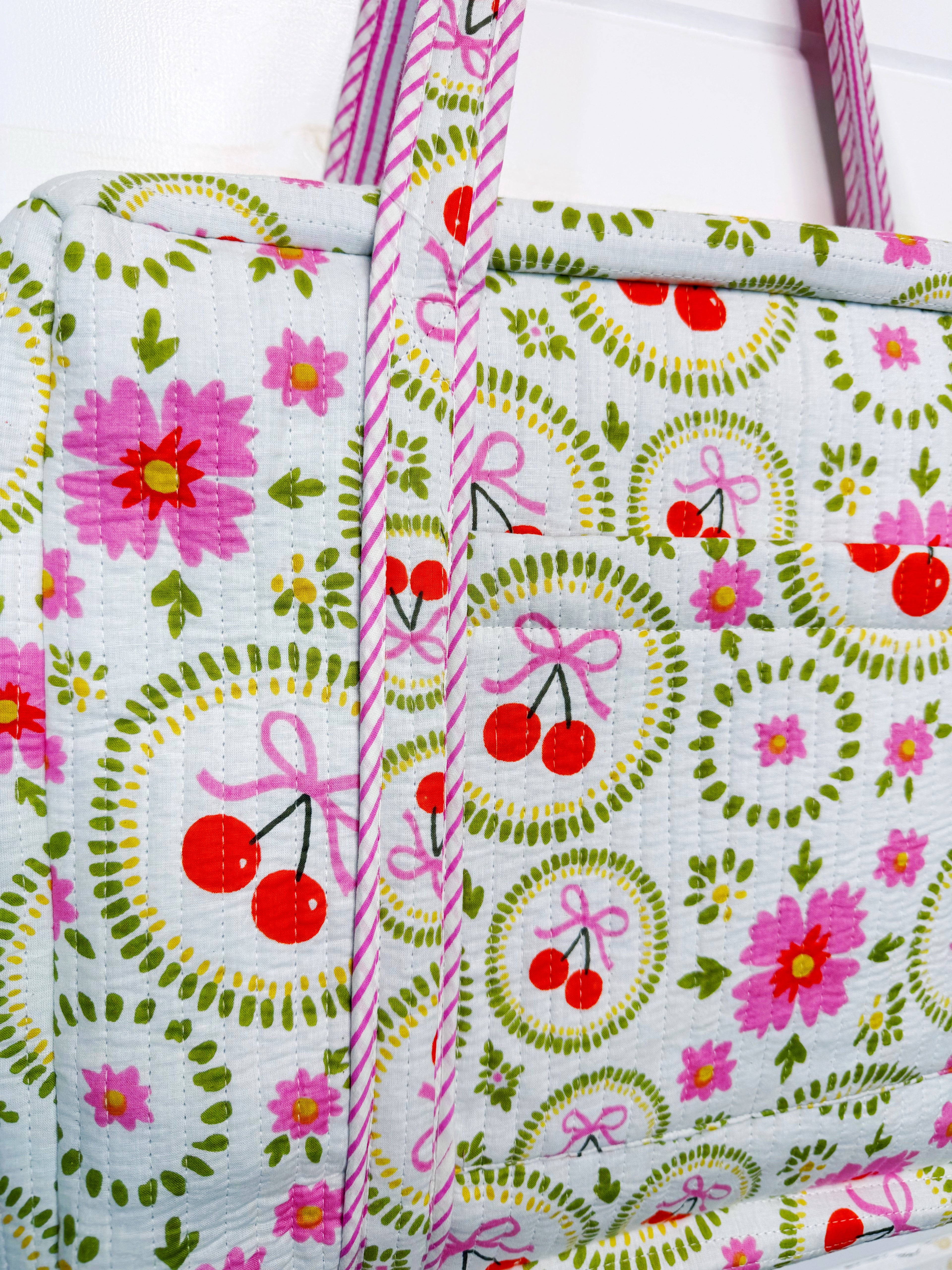 Quilted Weekender Duffle Overnight Bag - White Cherries & Bows