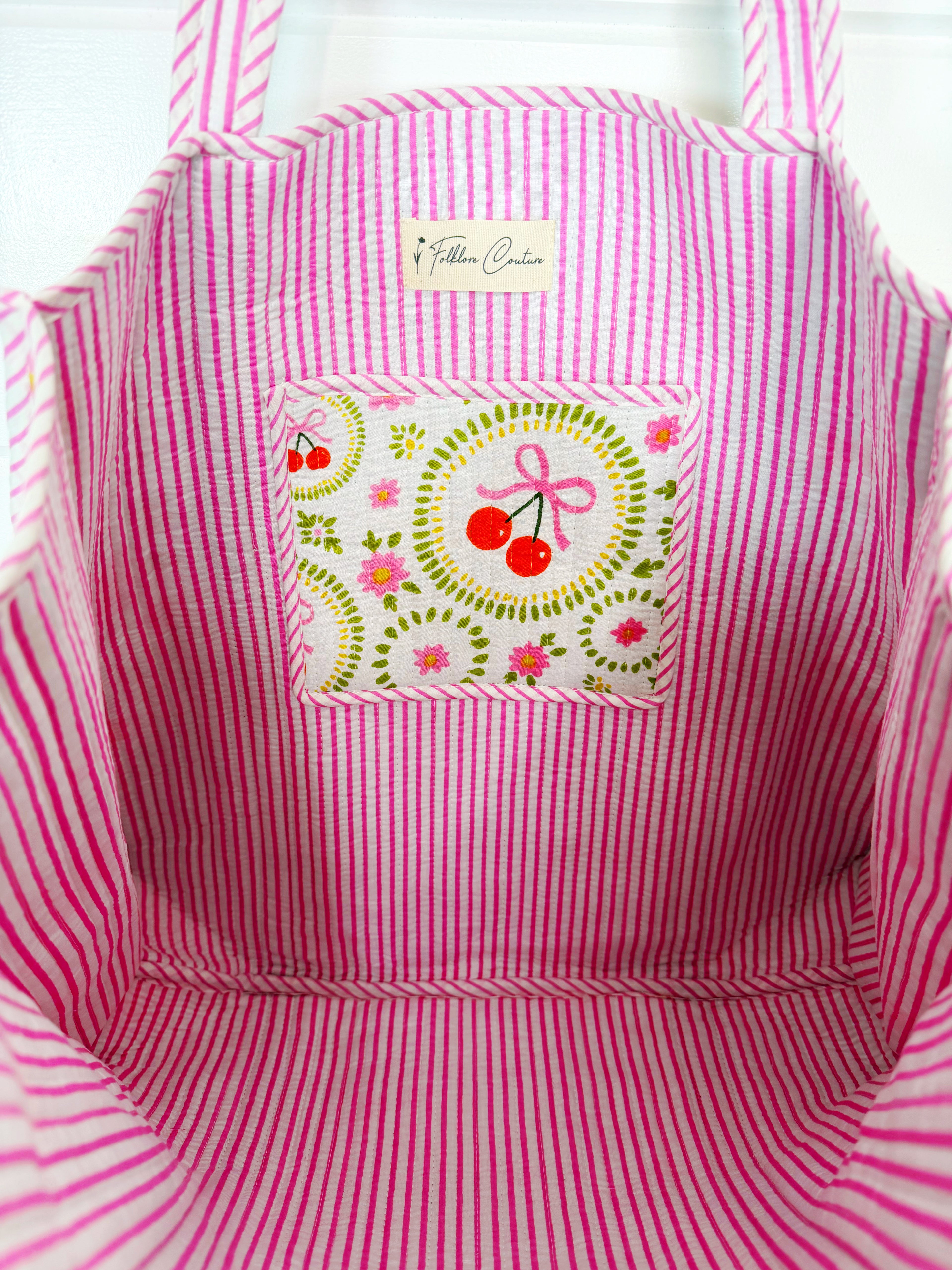 Quilted Cotton Reversible Large Tote Bag - White Cherries & Bows