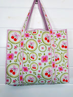 Quilted Cotton Reversible Large Tote Bag - White Cherries & Bows