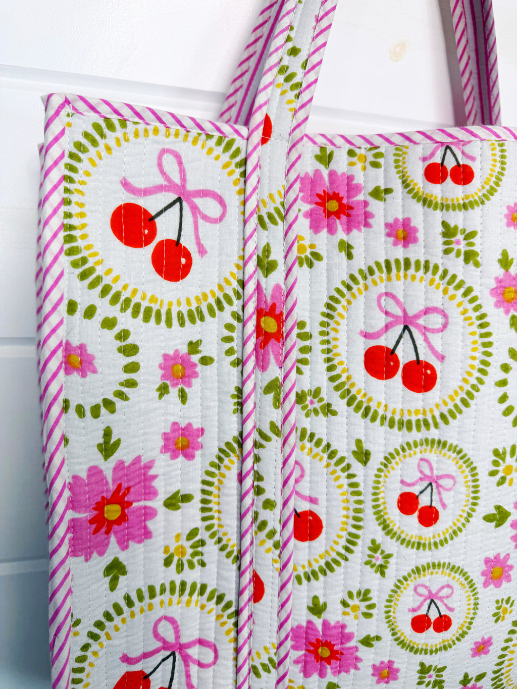 Quilted Cotton Reversible Large Tote Bag - White Cherries & Bows