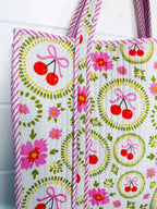 Quilted Cotton Reversible Large Tote Bag - White Cherries & Bows
