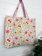 Quilted Cotton Reversible Large Tote Bag - White Cherries & Bows