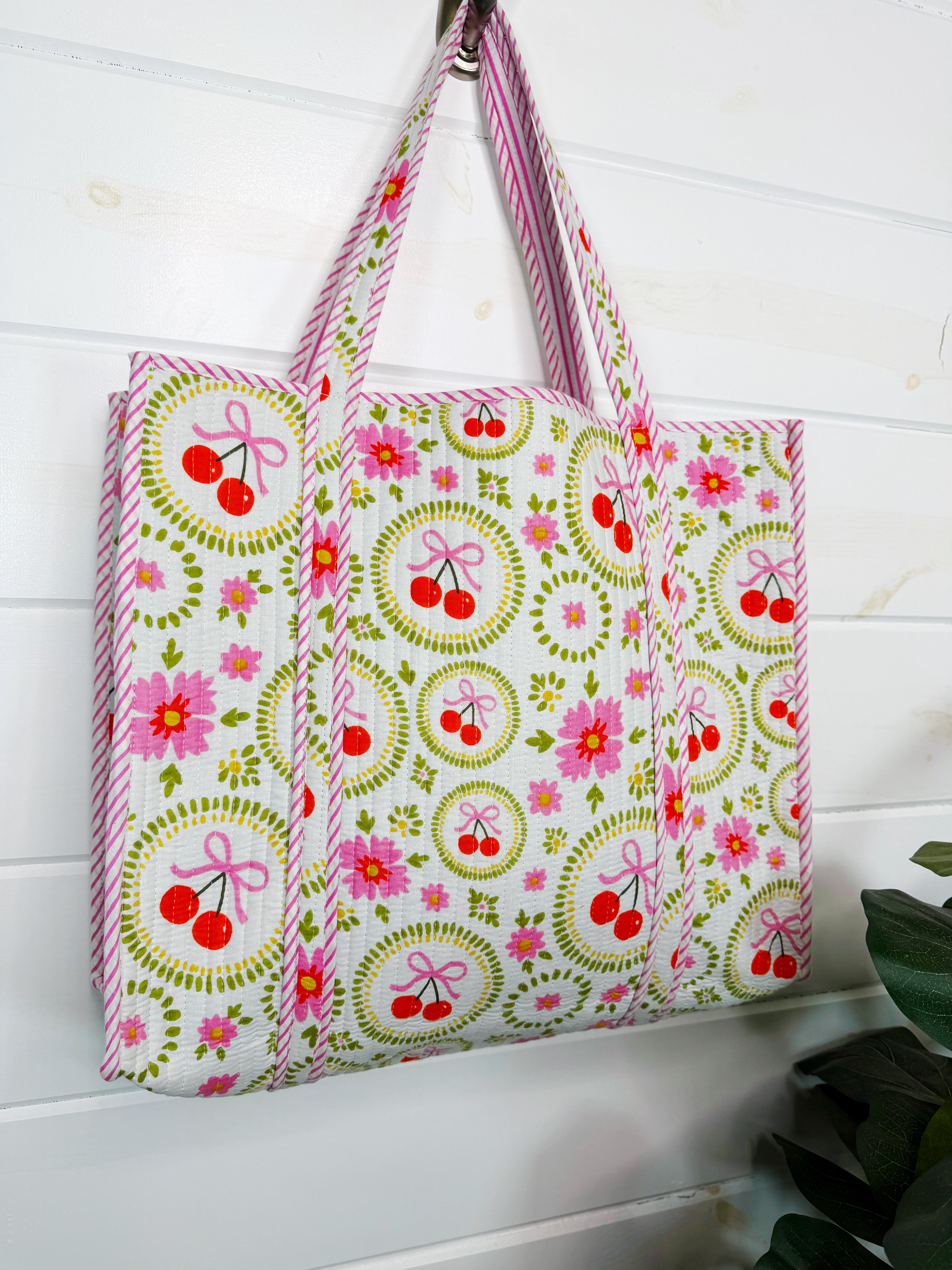 Quilted Cotton Reversible Large Tote Bag - White Cherries & Bows