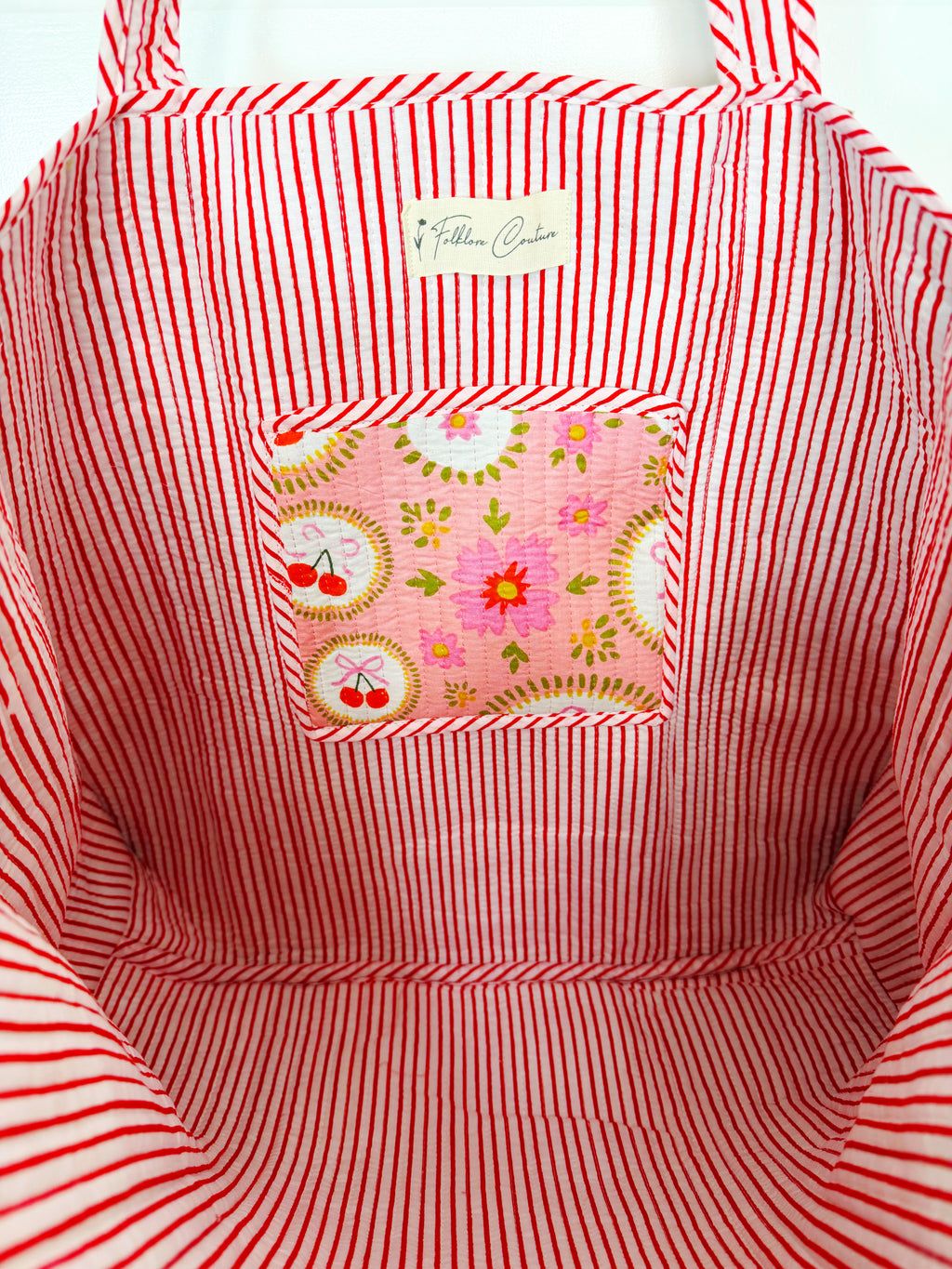 Quilted Cotton Reversible Large Tote Bag - Pink Cherry & Bows