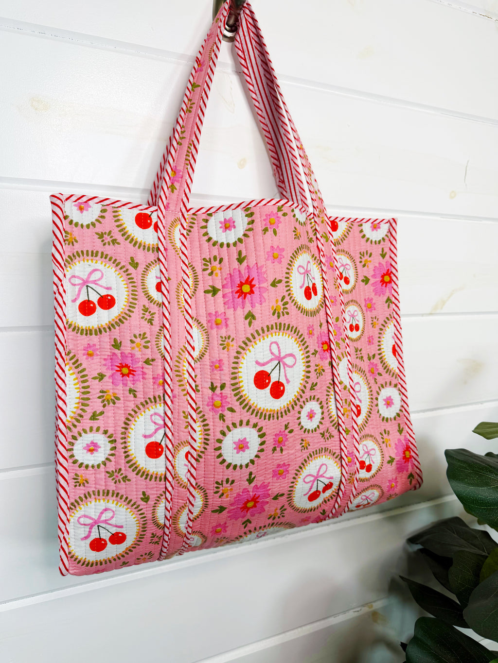 Quilted Cotton Reversible Large Tote Bag - Pink Cherry & Bows