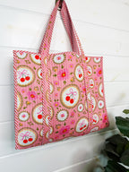 Quilted Cotton Reversible Large Tote Bag - Pink Cherry & Bows