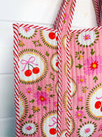 Quilted Cotton Reversible Large Tote Bag - Pink Cherry & Bows