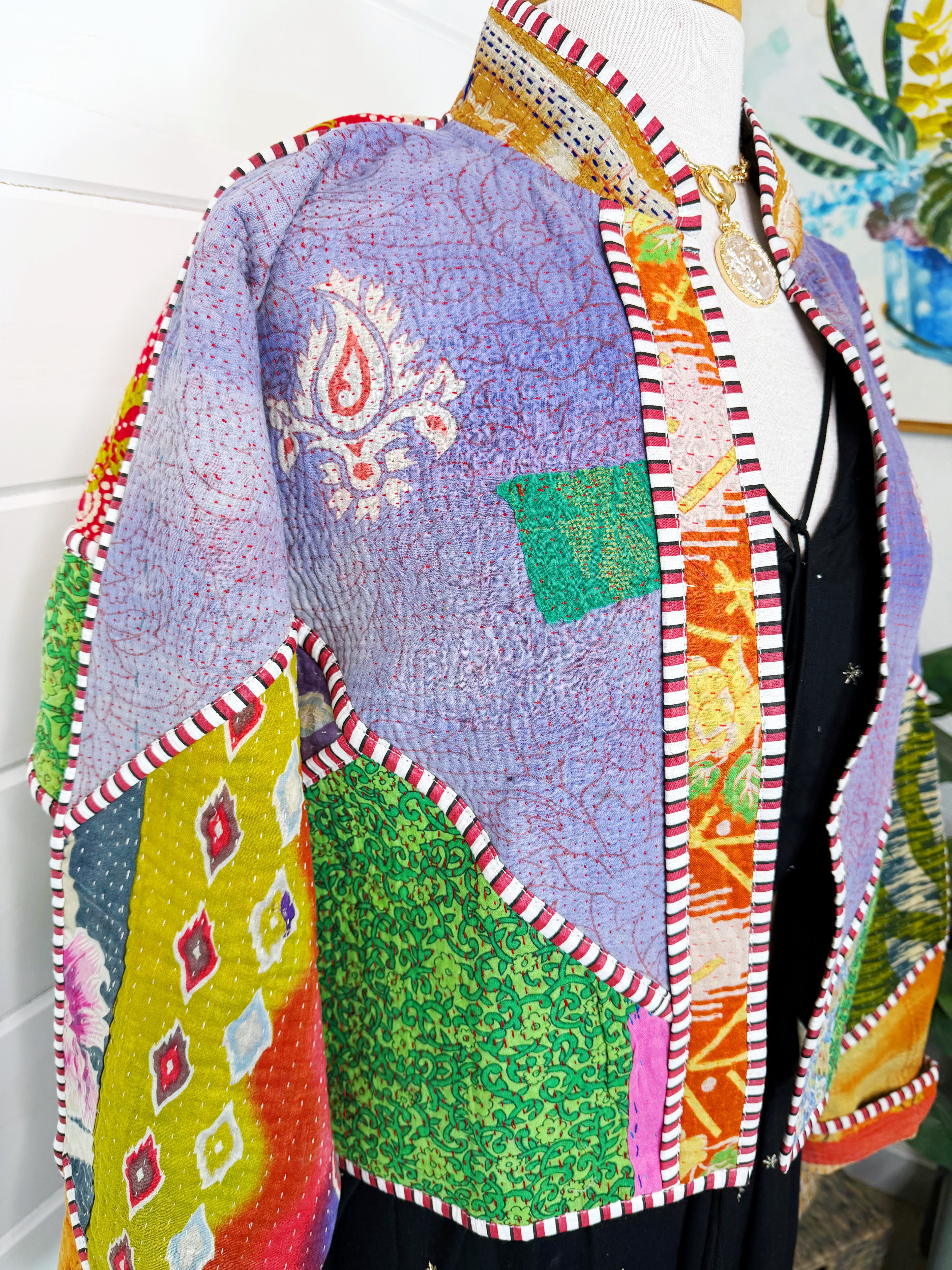 Boho Patchwork Kantha Jacket – Handmade Quilted & Reversible Blanket Coat