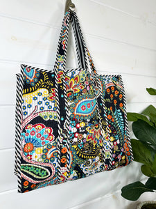 Quilted Tote Bag - Black Paisley #4005