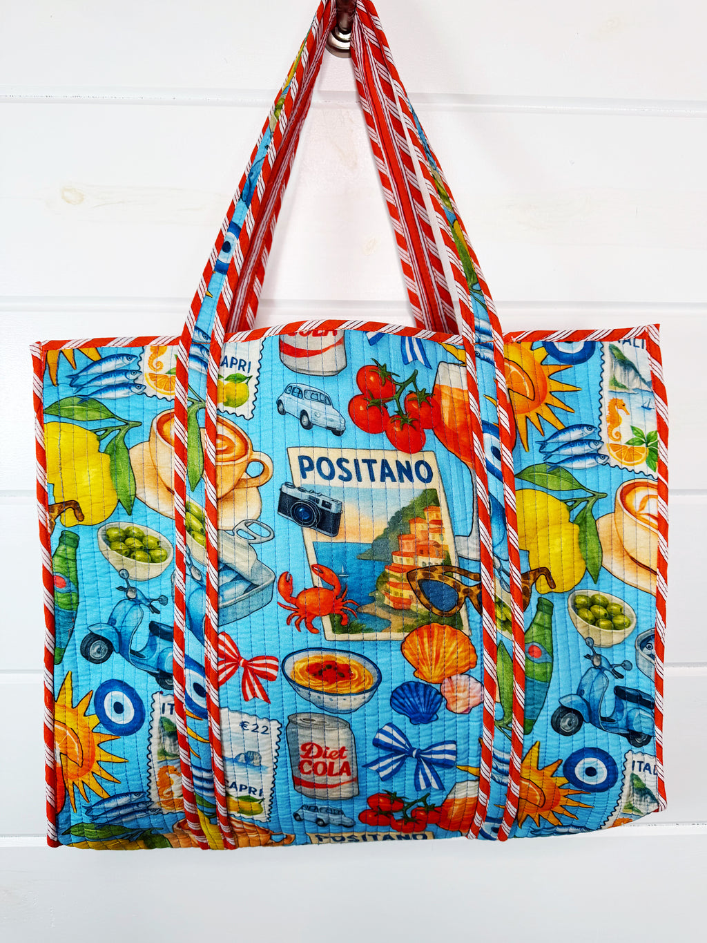 Quilted Cotton Reversible Large Tote Bag - Blue Italian Getaway