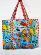 Quilted Cotton Reversible Large Tote Bag - Blue Italian Getaway
