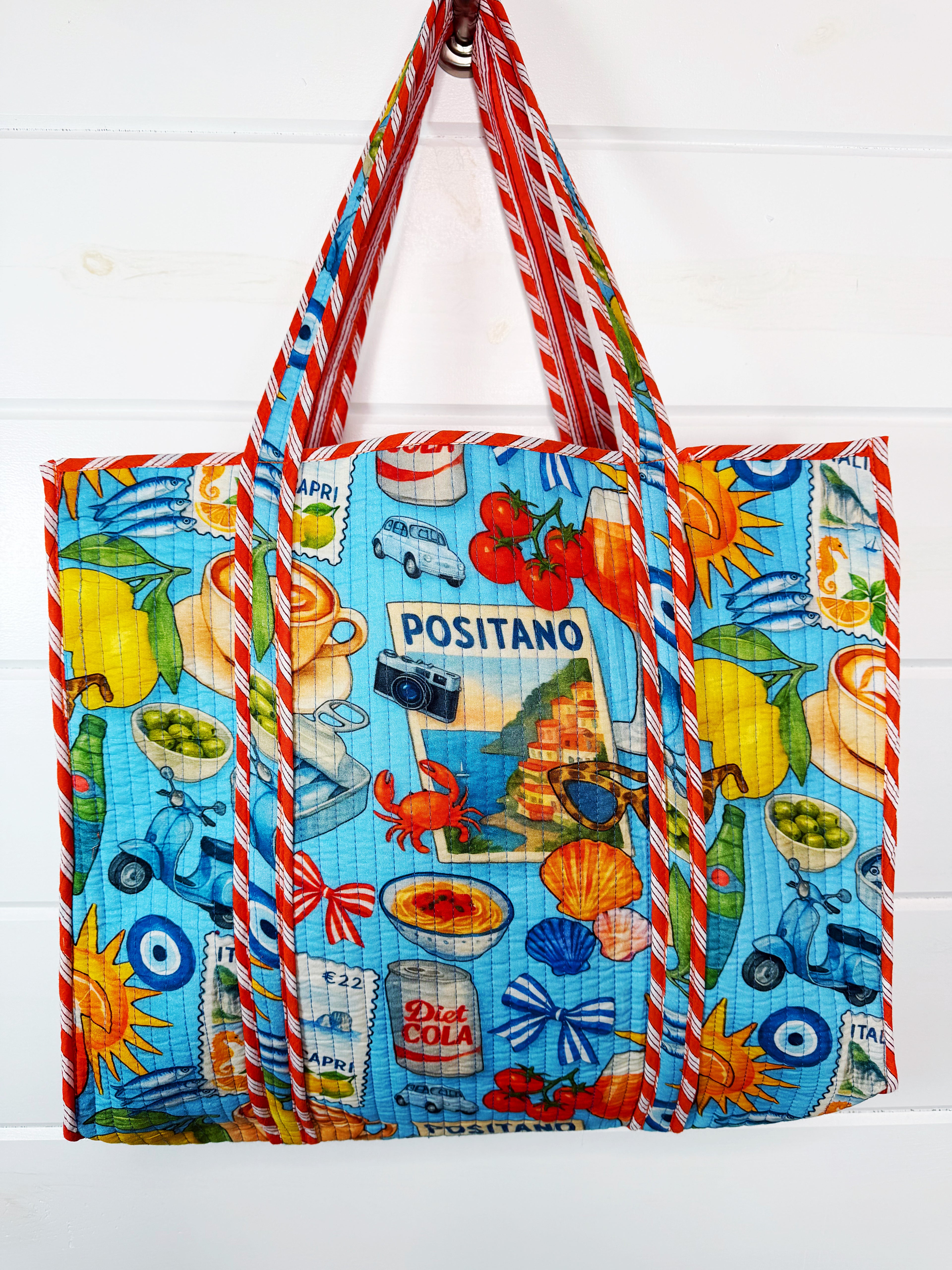 Quilted Cotton Reversible Large Tote Bag - Blue Italian Getaway