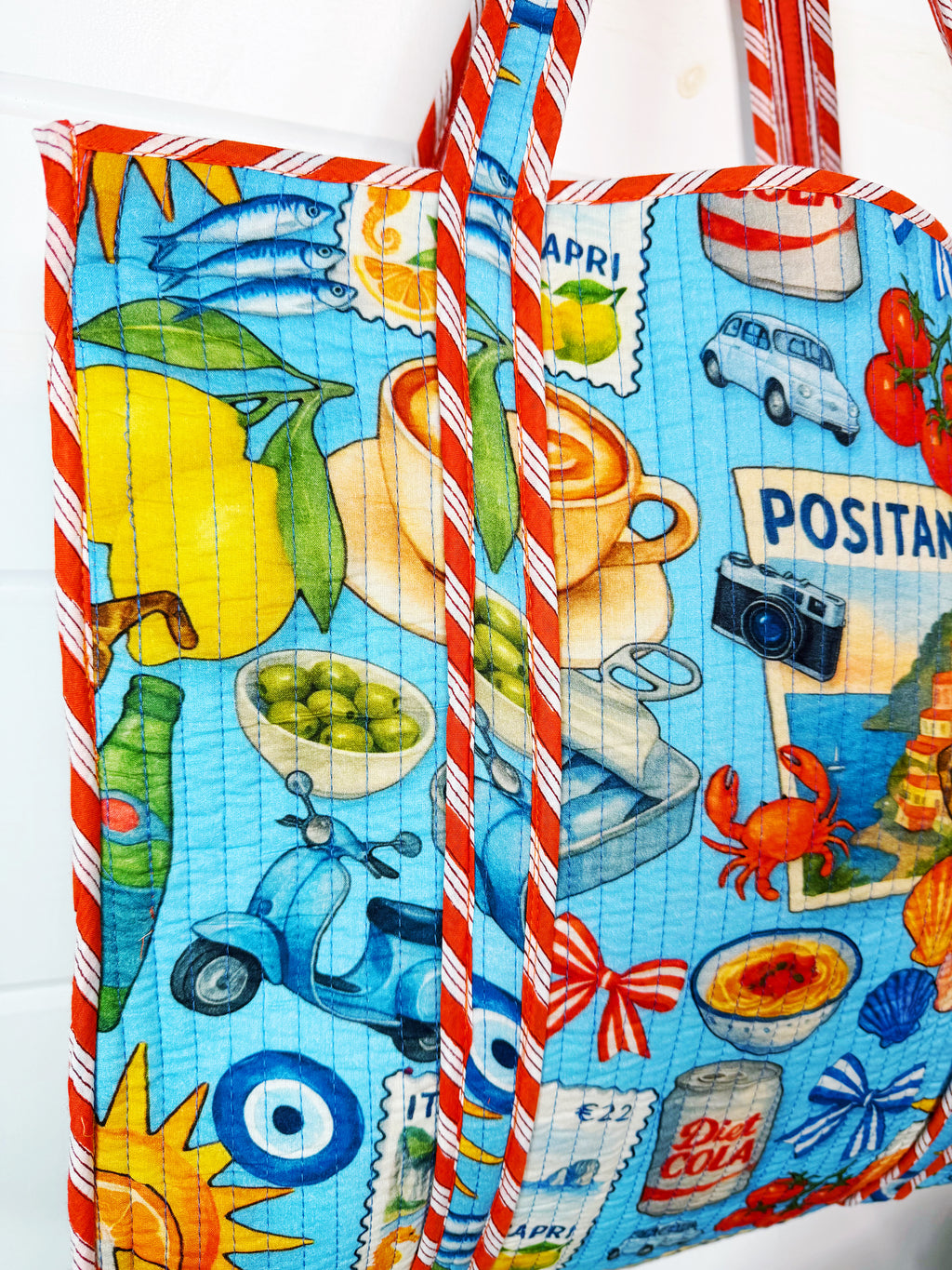 Quilted Cotton Reversible Large Tote Bag - Blue Italian Getaway