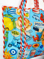 Quilted Cotton Reversible Large Tote Bag - Blue Italian Getaway