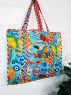 Quilted Cotton Reversible Large Tote Bag - Blue Italian Getaway