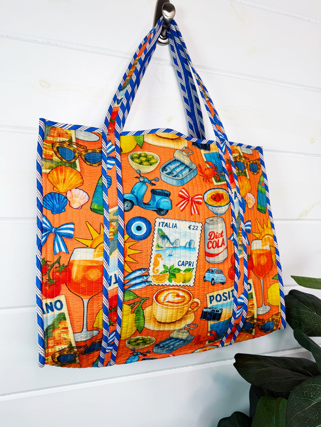 Quilted Cotton Reversible Large Tote Bag - Orange Italian Getaway