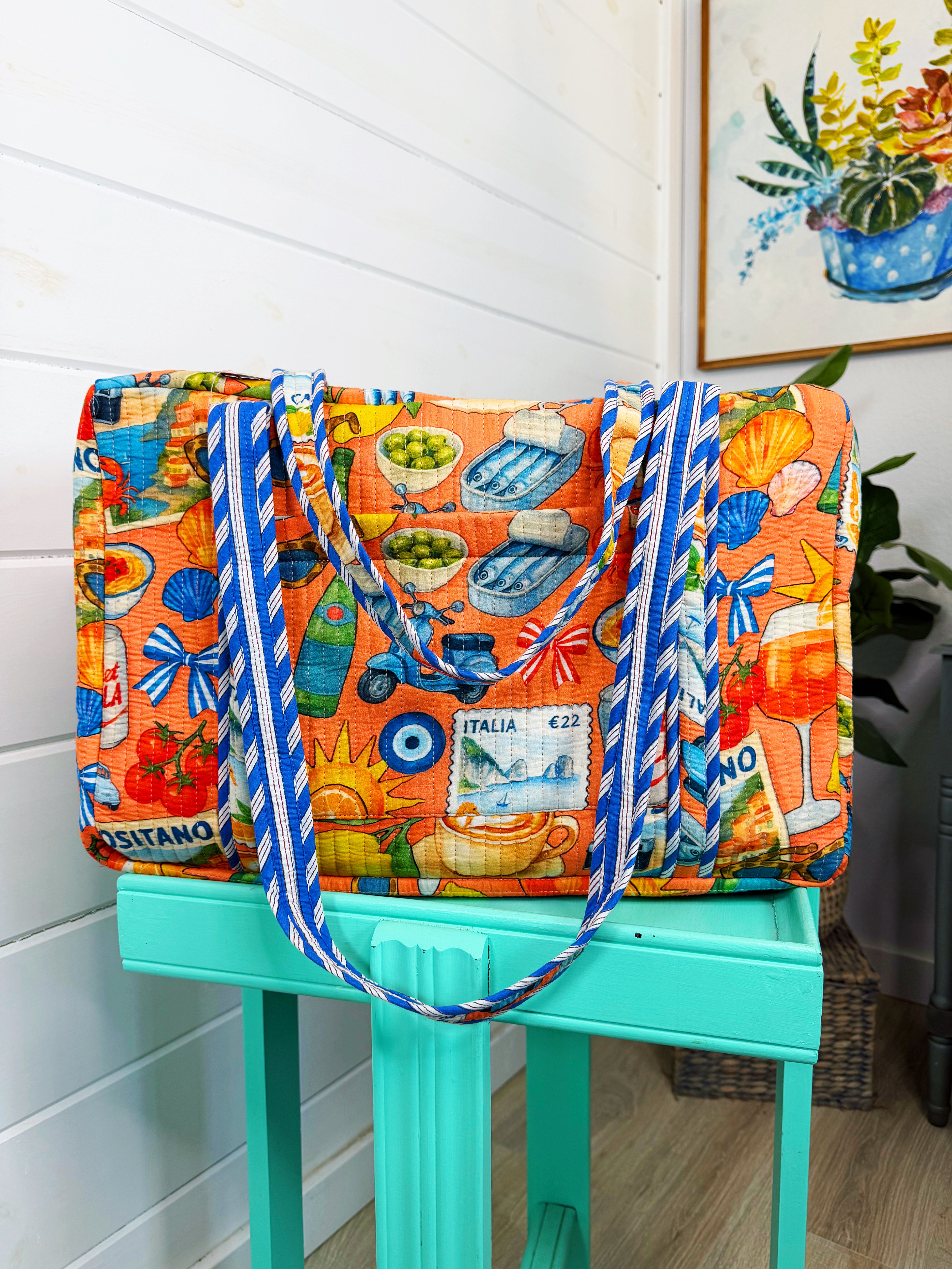 Quilted Weekender Duffle Overnight Bag - Orange Italian Getaway