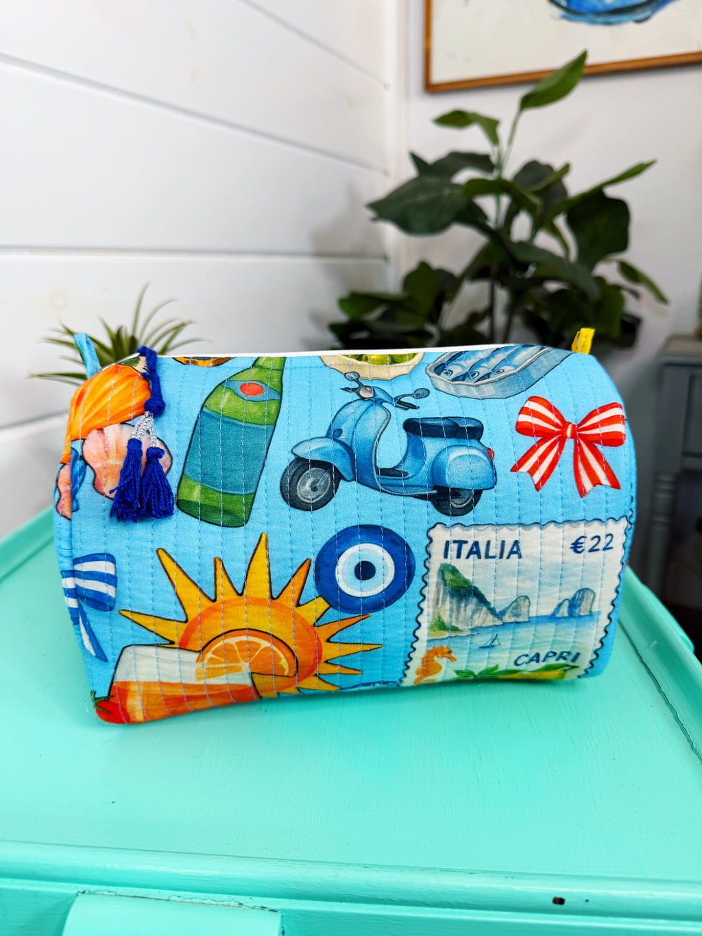 Quilted Makeup Cosmetics Toiletry Bag - Blue Italian Getaway