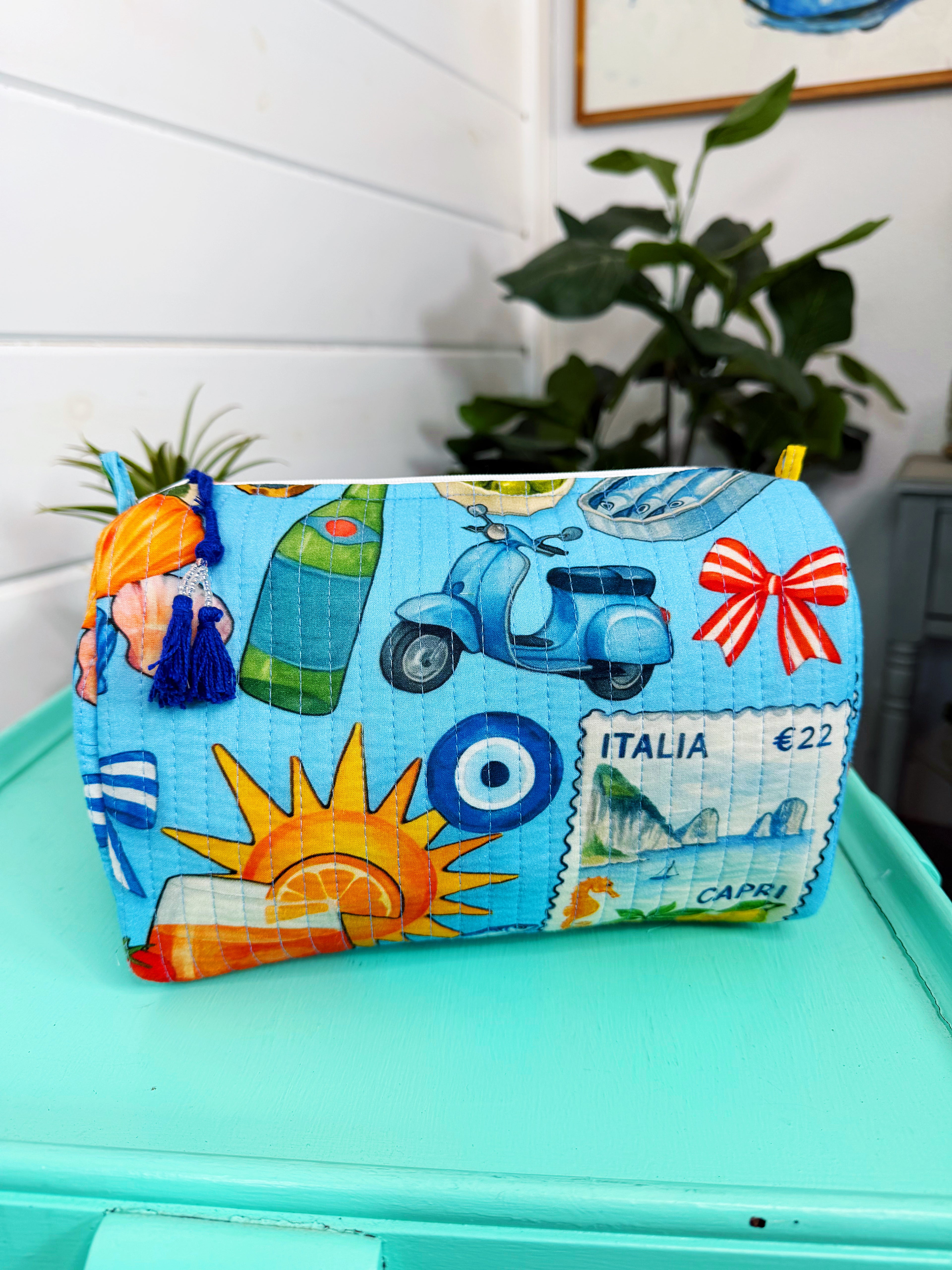 Quilted Makeup Cosmetics Toiletry Bag - Blue Italian Getaway