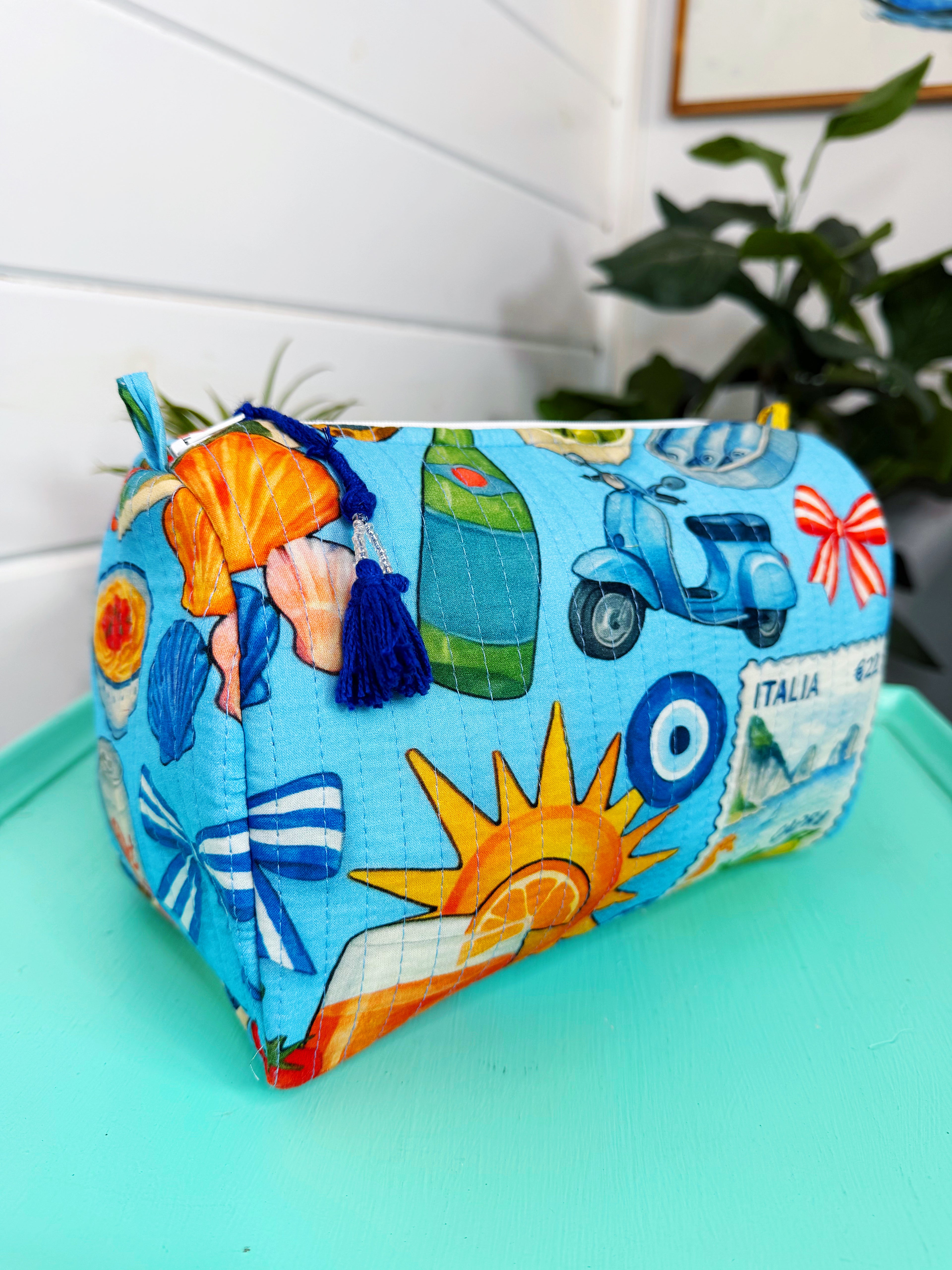 Quilted Makeup Cosmetics Toiletry Bag - Blue Italian Getaway