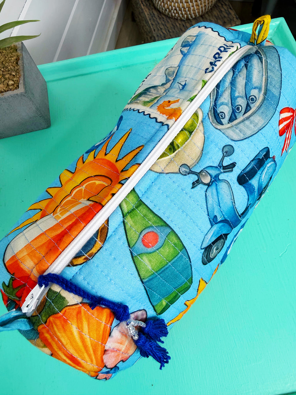 Quilted Makeup Cosmetics Toiletry Bag - Blue Italian Getaway