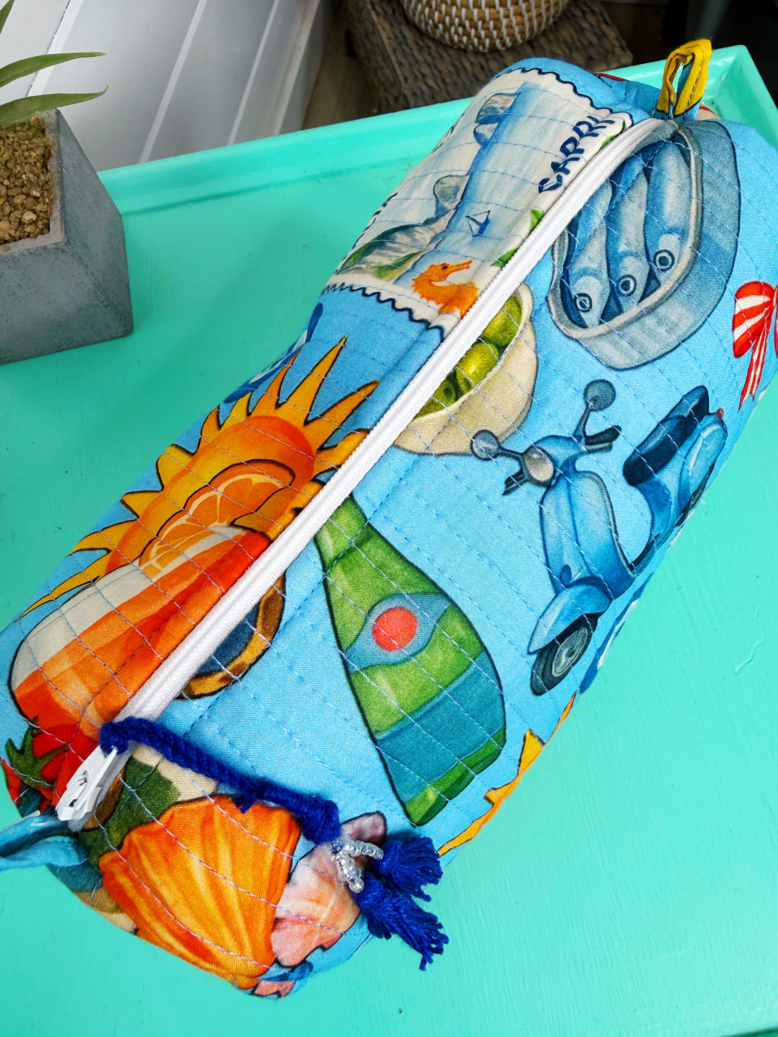 Quilted Makeup Cosmetics Toiletry Bag - Blue Italian Getaway