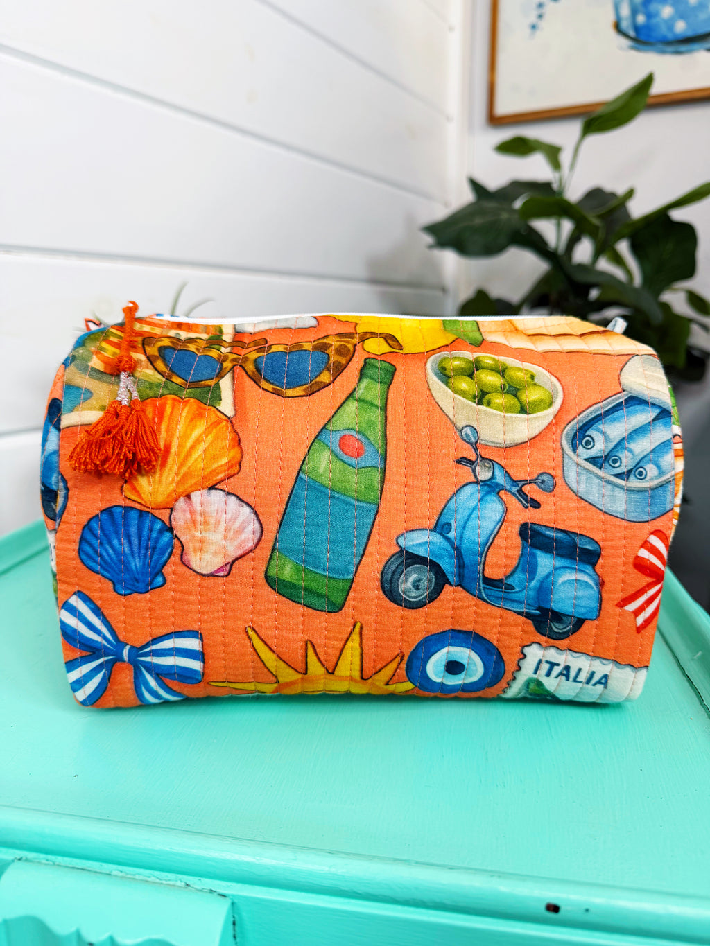 Quilted Makeup Cosmetics Toiletry Bag - Orange Italian Getaway