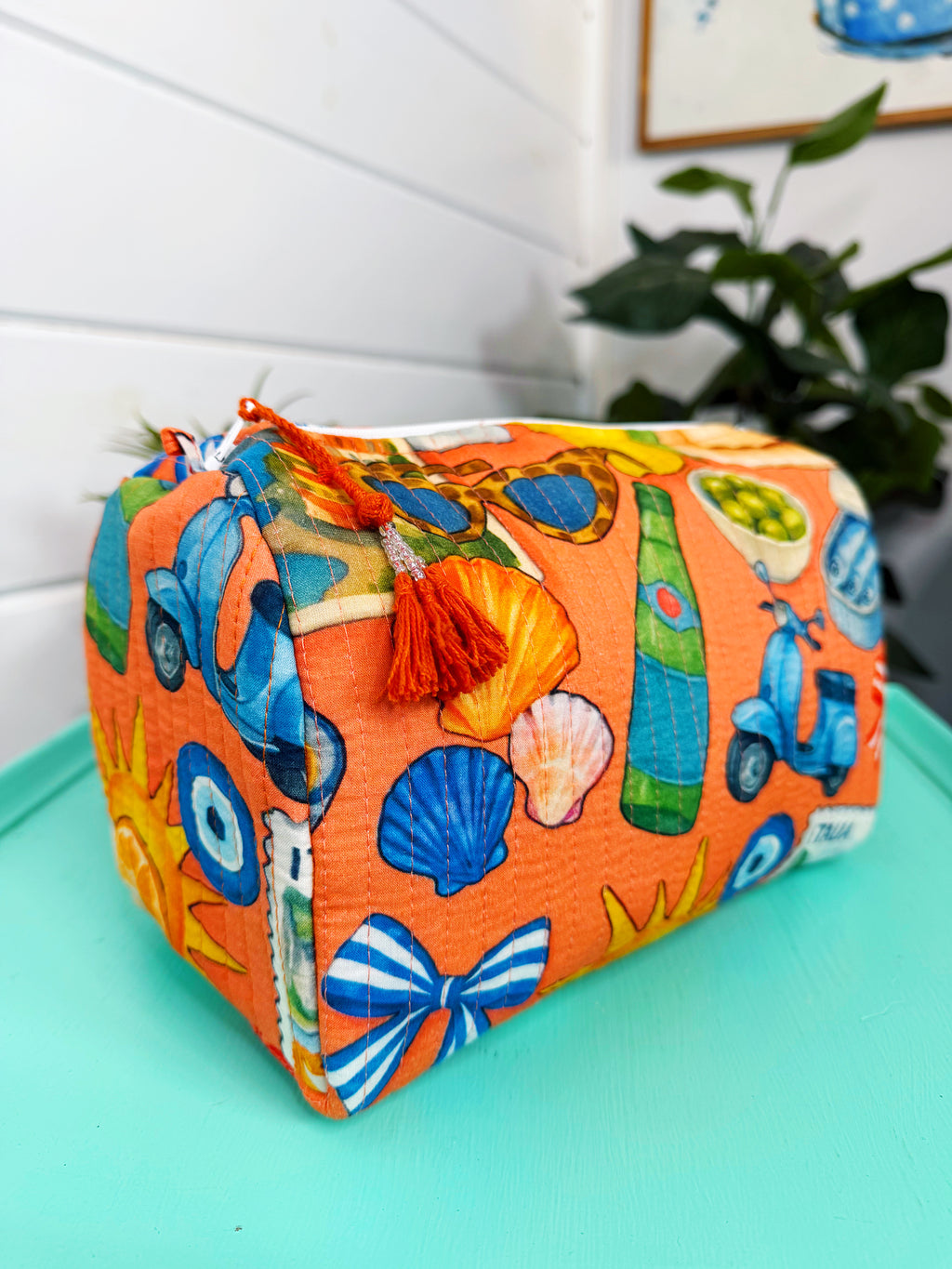 Quilted Makeup Cosmetics Toiletry Bag - Orange Italian Getaway