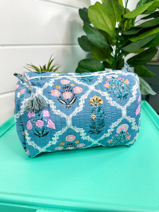 Blue Wildflowers Printed Quilted Makeup Cosmetics Toiletry Bag