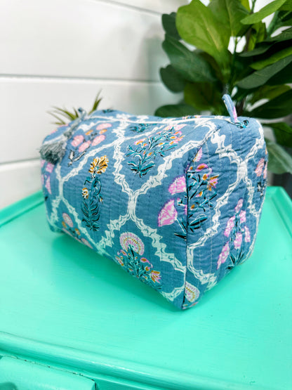 Blue Wildflowers Printed Quilted Makeup Cosmetics Toiletry Bag