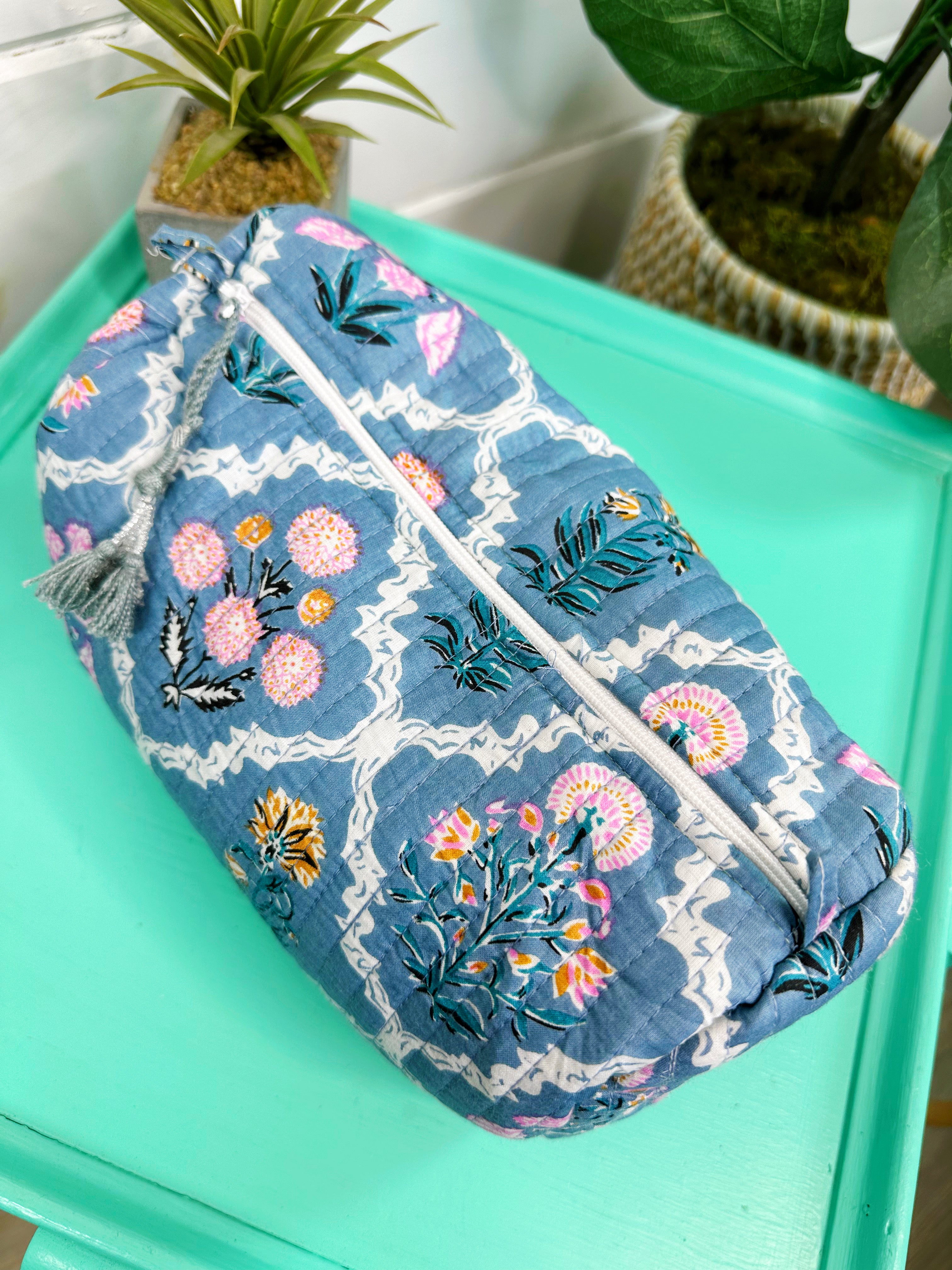 Blue Wildflowers Printed Quilted Makeup Cosmetics Toiletry Bag