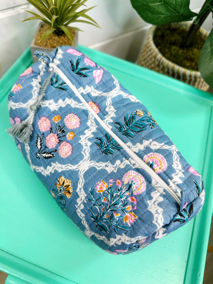 Blue Wildflowers Printed Quilted Makeup Cosmetics Toiletry Bag