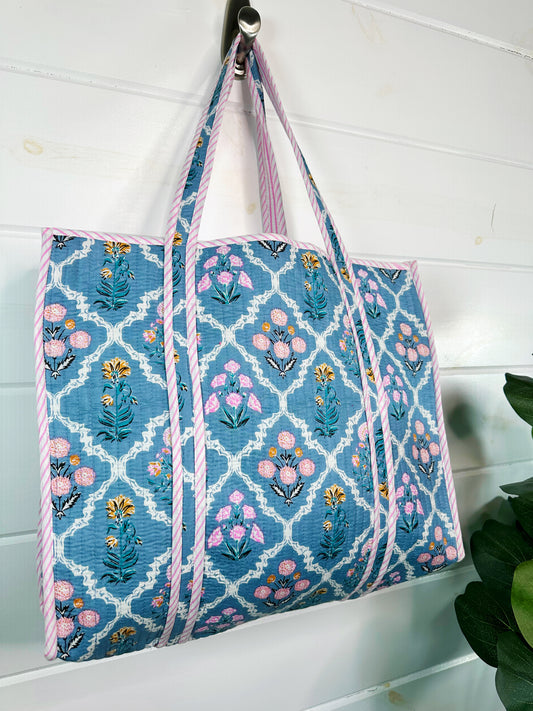 Blue Wildflowers Printed  Quilted Cotton Reversible Large Tote Bag